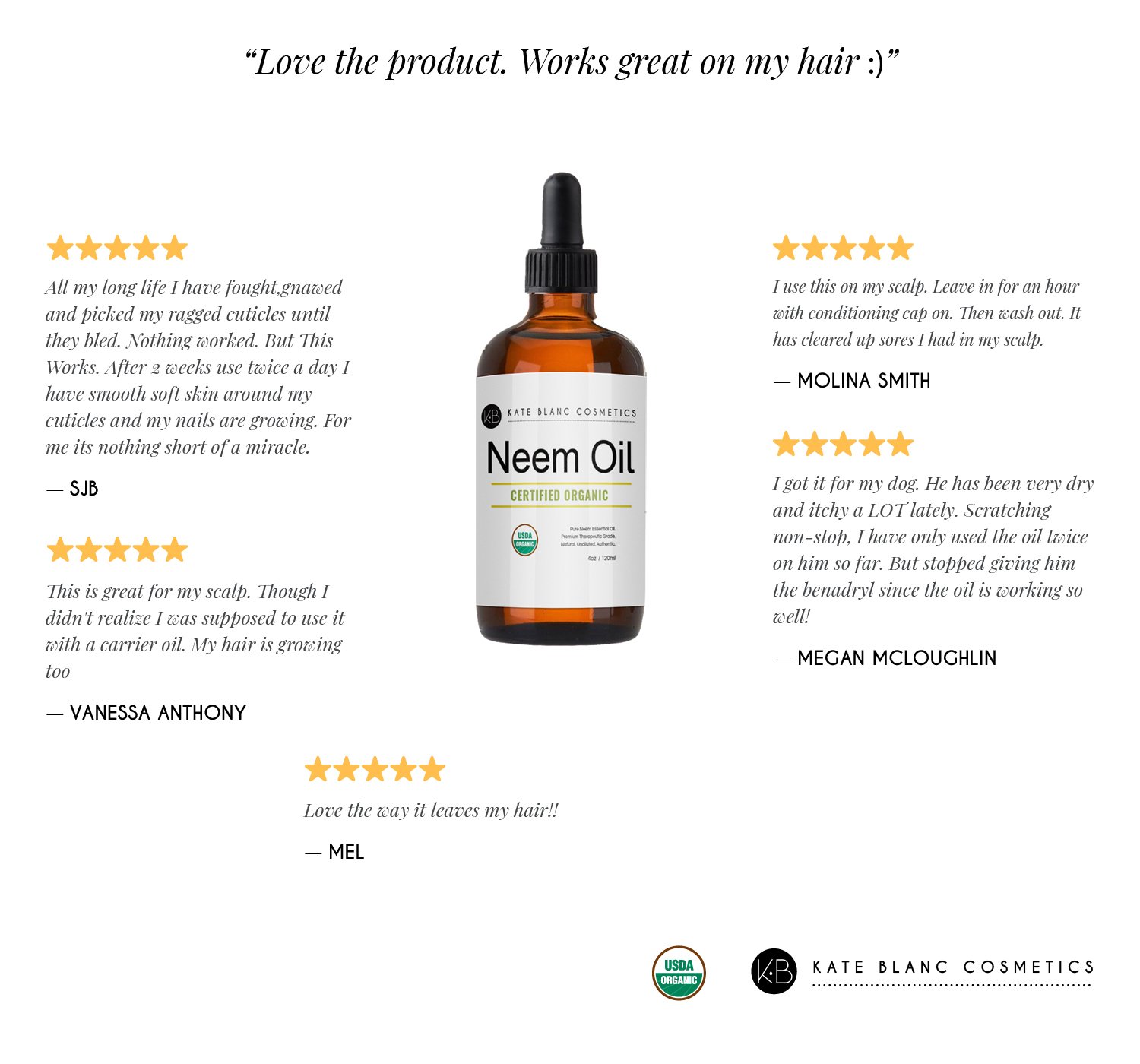 Neem Oil (4oz) by Kate Blanc. USDA Certified Organic, Virgin, Cold Pressed, 100% Pure. Great for Hair, Skin, Nails. Natural Anti Aging Moisturizer. 1-Year Guarantee : Beauty