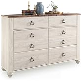Signature Design by Ashley Willowton 6-Drawer Coastal Dresser, Whitewash | 6 drawer capacity, Coastal farmhouse style, Textured whitewash finish, Driftwood plank effect top, ASTM F 2057 compliant
