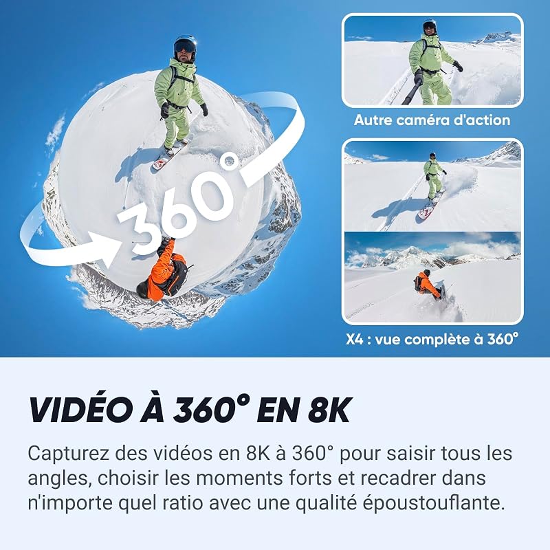 X4 Pack Snowboard - Caméra d'action 360 8K étanche, vidéo Grand Angle 4K, Perche à Selfie Invisible, protège-objectifs Amovibles, 135 Min d'autonomie, édition IA, stabilisation, pour Sport