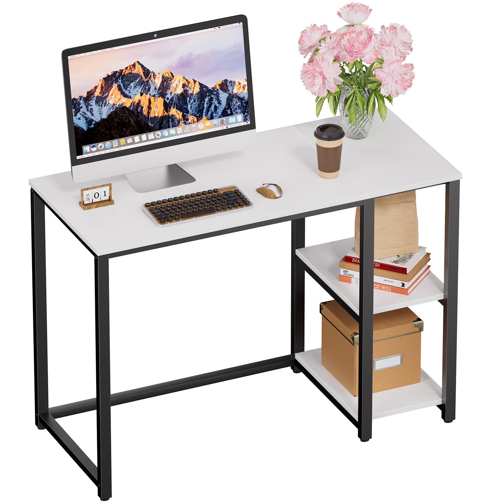 Photo 1 of SINPAID 40 Inch Small Computer Desk with Shelves for Small Spaces, Easy Assembly Study Desk, Sturdy Writing Desk for Bedroom & Home Office, Cream White