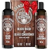 Beard Wash & Beard Conditioner Set w/Argan & Jojoba Oils - Softens & Strengthens - Natural Sandalwood Scent - Beard Shampoo w/Beard Oil (10oz)