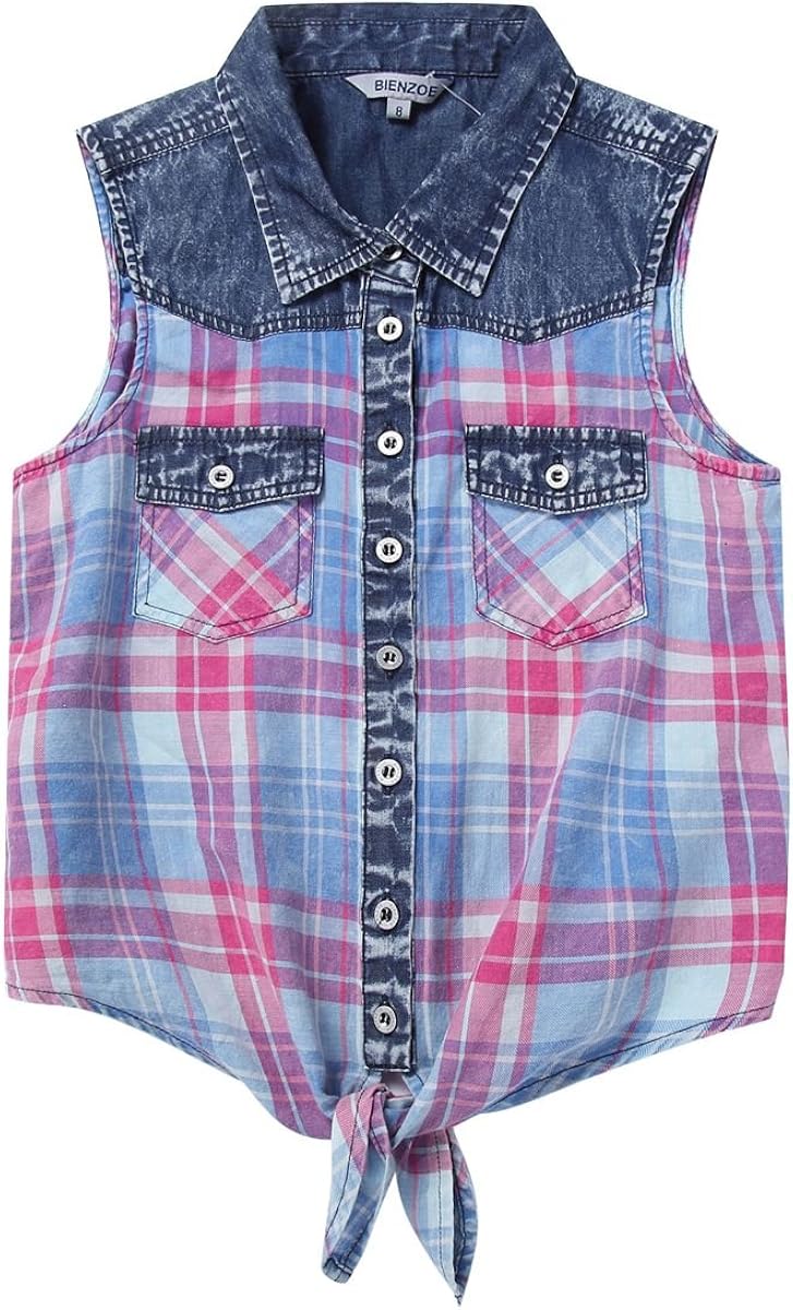 Bienzoe Girl’s Cotton Plaid Denim Sleeveless Tied Casual Blouse: Clothing