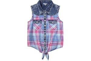 Bienzoe Girls Crop Tank Tops: Cowgirl Plaid Sleeveless Button Down Western Casual Blouse