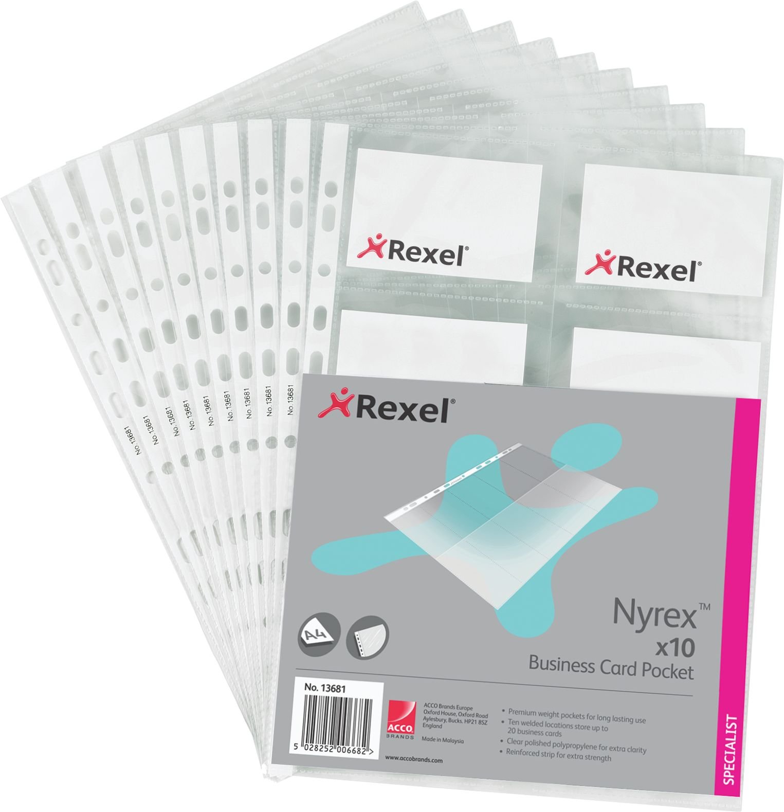 Rexel Nyrex Business Card Pocket Multipunched A4 Clear Ref 13681 [Pack 10]