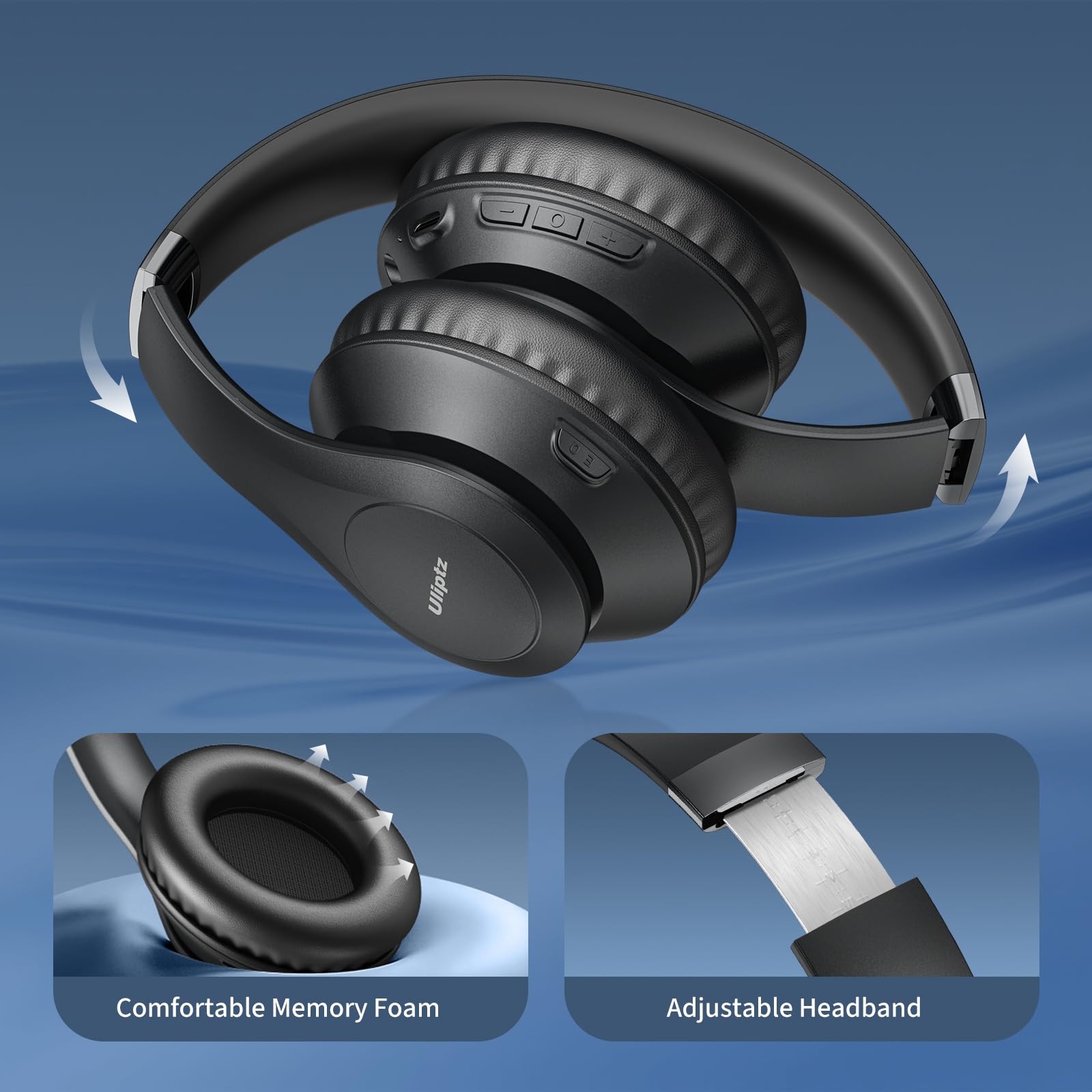 Uliptz Wireless Bluetooth Headphones, 65H Playtime, 6 EQ Sound Modes, HiFi Stereo Over Ear Headphones with Microphone, Foldable Lightweight Bluetooth 5.3 Headphone for Travel/Office/Cellphone/PC