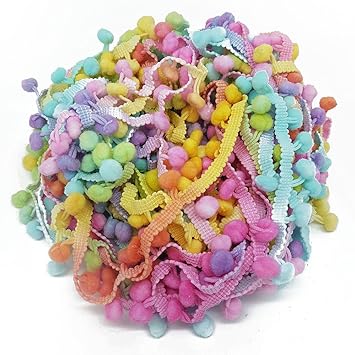 Accessories Attic® Bommelborte, Besatz mit Pompoms, Regenbogenfarben, Pastellfarben, bunt, zum Nähen, Basteln, Meterware, 5 m