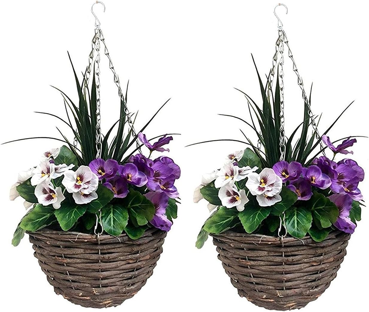 2 x Artificial Hanging Baskets with Purple and White Flowers and Decorative Grasses (Set of 2), Purple & White Round, 52cm/20in