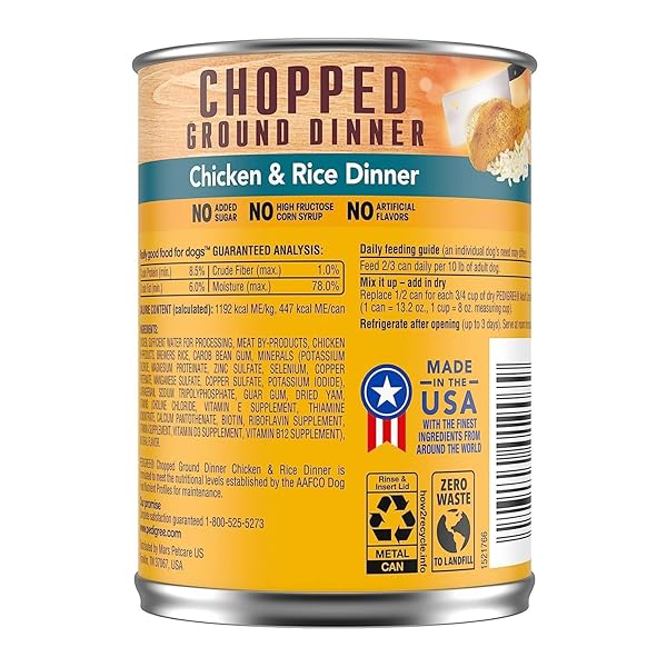 PEDIGREE CHOPPED GROUND DINNER ADULT SOFT WET DOG FOOD CHICKEN & RICE DINNER, CANNED DOG FOOD, 13.2 OZ. CAN