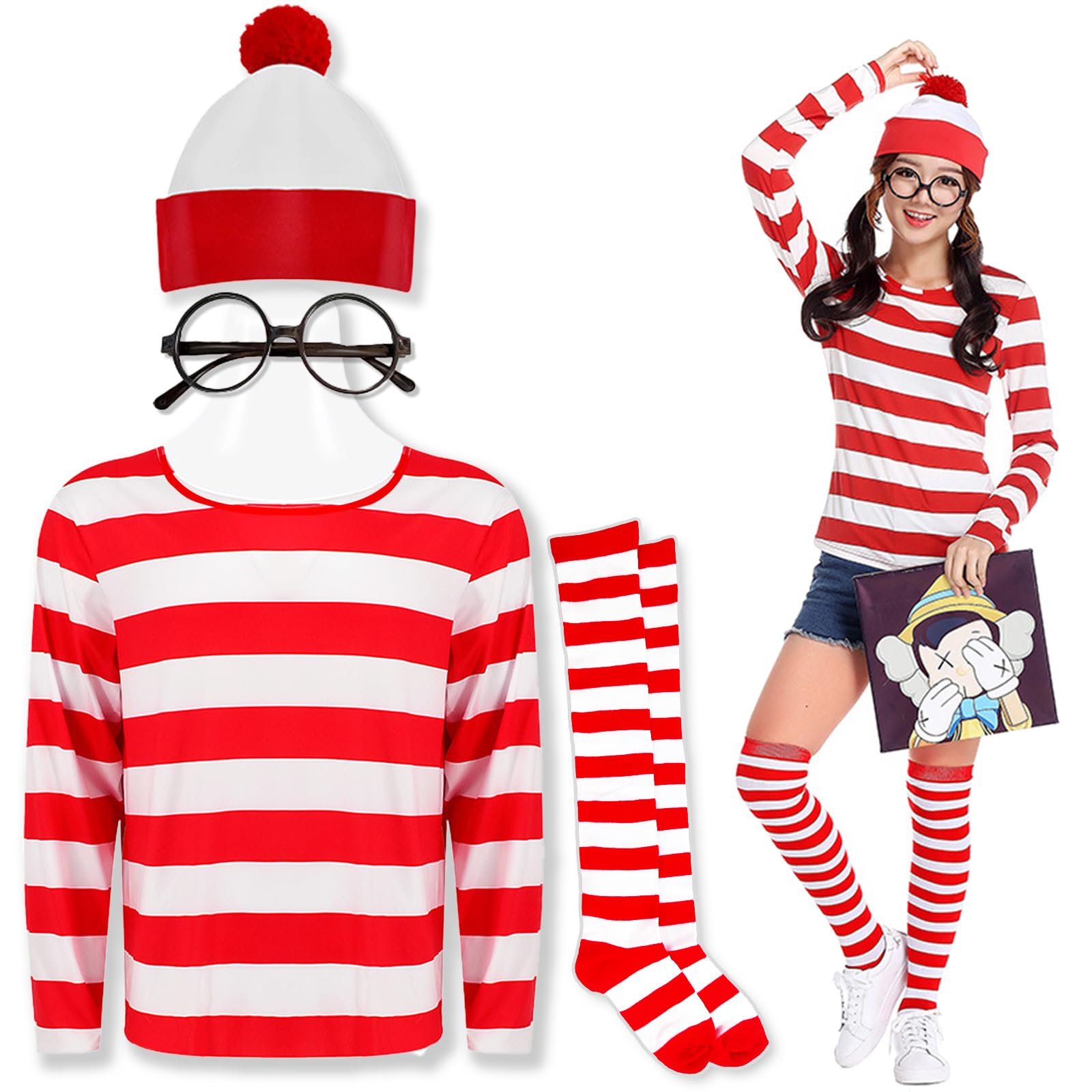 Feeziloe Women Where's Wally Kit, Top Hat Glasses Socks Costume Set, Red and White Top Fresher Costume World Book Day Fancy Dress, Halloween, School Dress up Day(XXXXL)