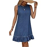 SOLY HUX Women's Denim Dress Sleeveless Button Back Ruffle Short Jean Dresses Cute Summer Tank Dress