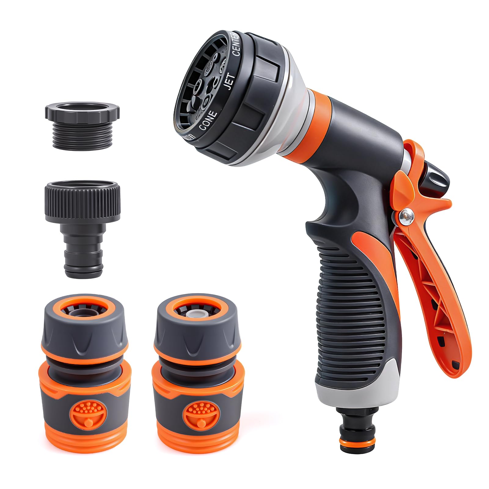 moinkerin Garden Hose Spray Gun Set 8 Adjustable Patterns Hose Pipe Spray Gun High Pressure Hose Nozzle for Watering Plants & Lawns, Cleaning Pets, Car Washing (Orange)