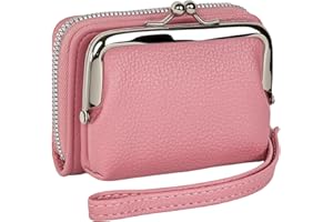 HUIKEYA Women's RFID Blocking Wristlet Wallet with Coin Purse - 9 Card Zipper Organizer, PU Leather RFID Wallets for Women with Kiss Lock & Secure Wrist Strap(Pink)