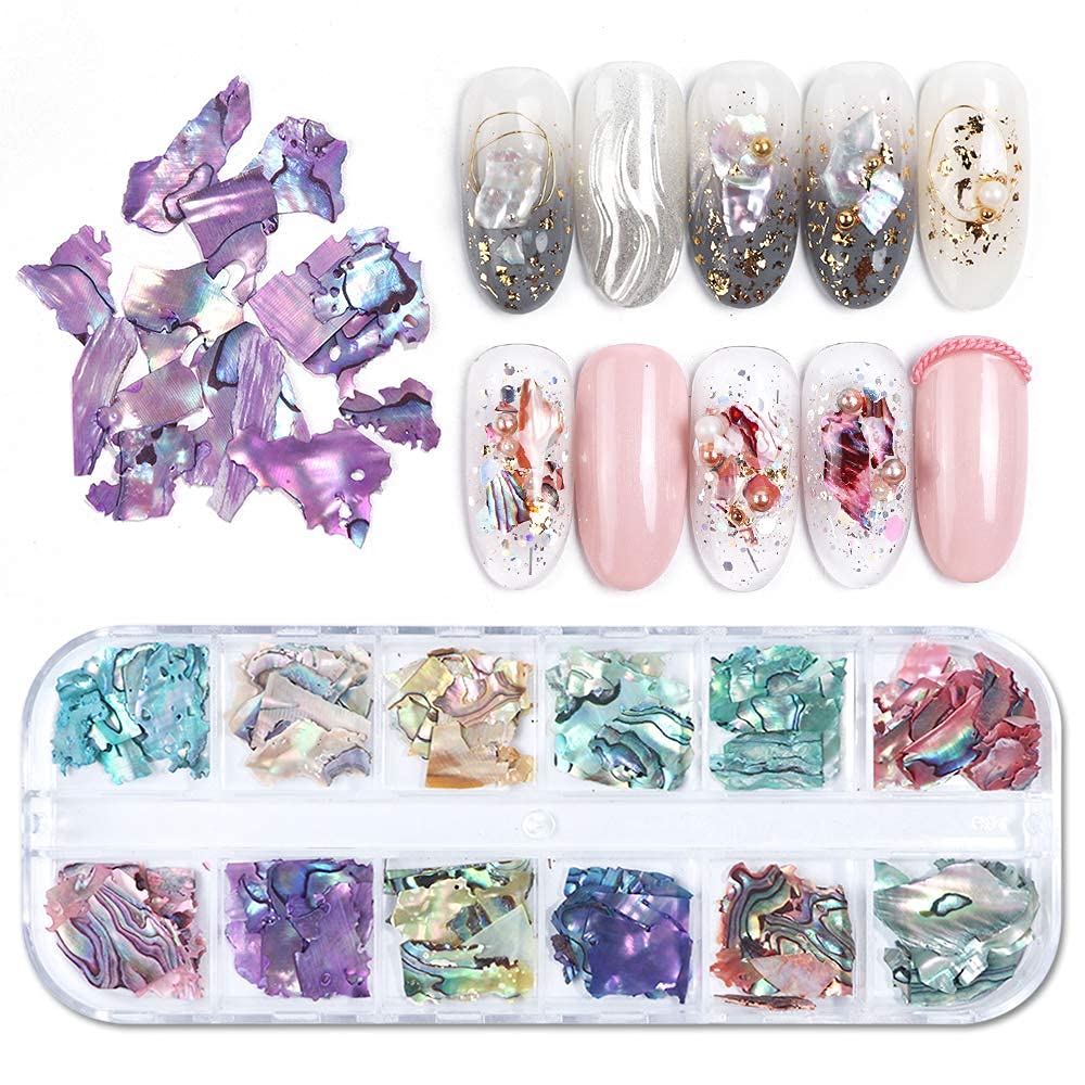 Nail Art Shell Flakes,1Box 12Grids Irregular Abalone Seashell Slices for Nail Art,Nail Art Accessories Colorful Shell Pieces Nail Sequins Glitter for DIY Manicure (Shell Pieces C)