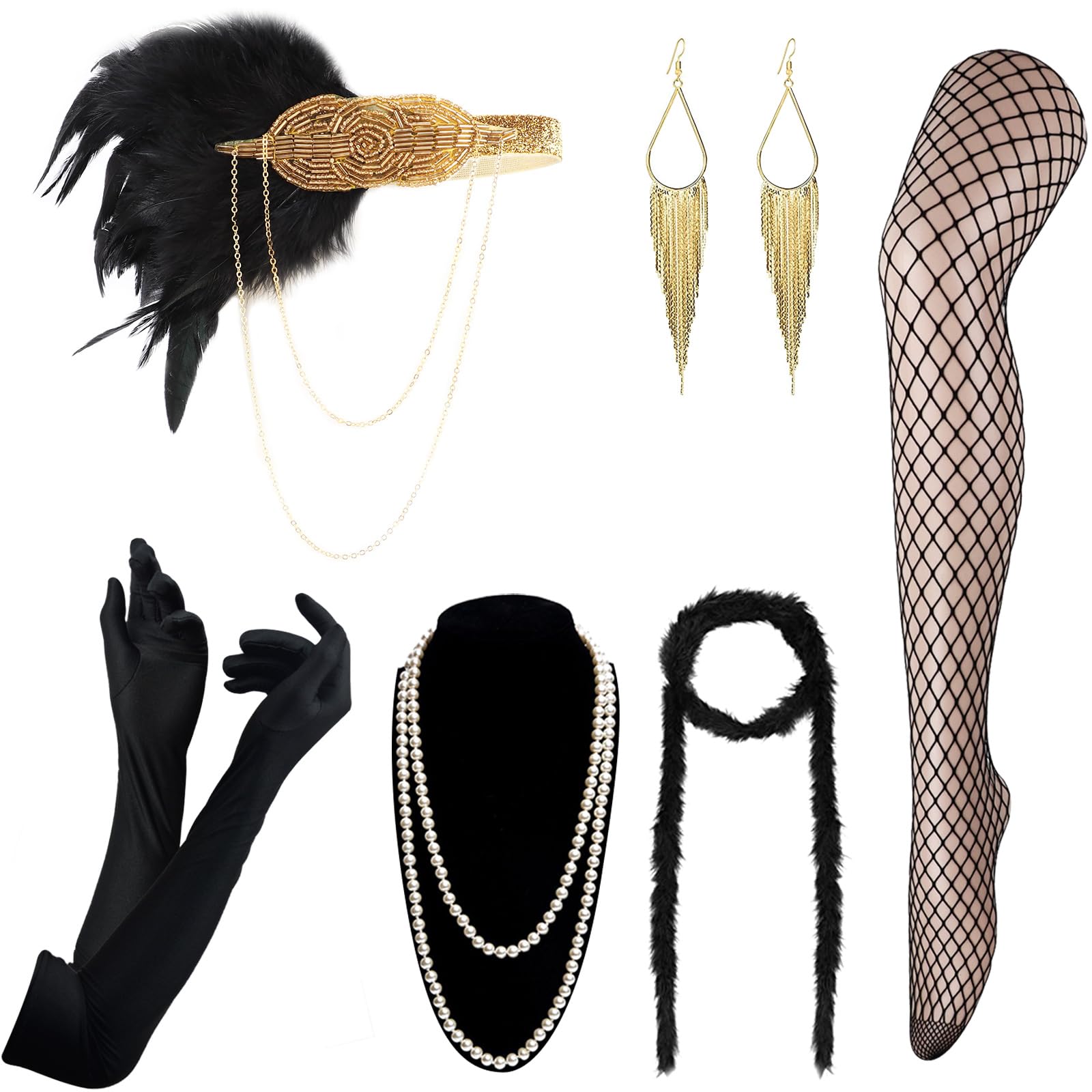 DRESHOW 1920s Accessories Headband Necklace Gloves Flapper Costume Accessories Set for Women