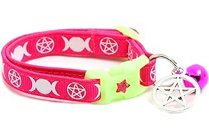 PUGS TO PERSIANS Wicca Cat Collar with Occult Charm & Bell | Witch’s Familiar Cat Collar | Witch Kitten Collar Charms | Glow in The Dark | Safety Breakaway Collar (Small(10lbs & Less), Bright Pink)