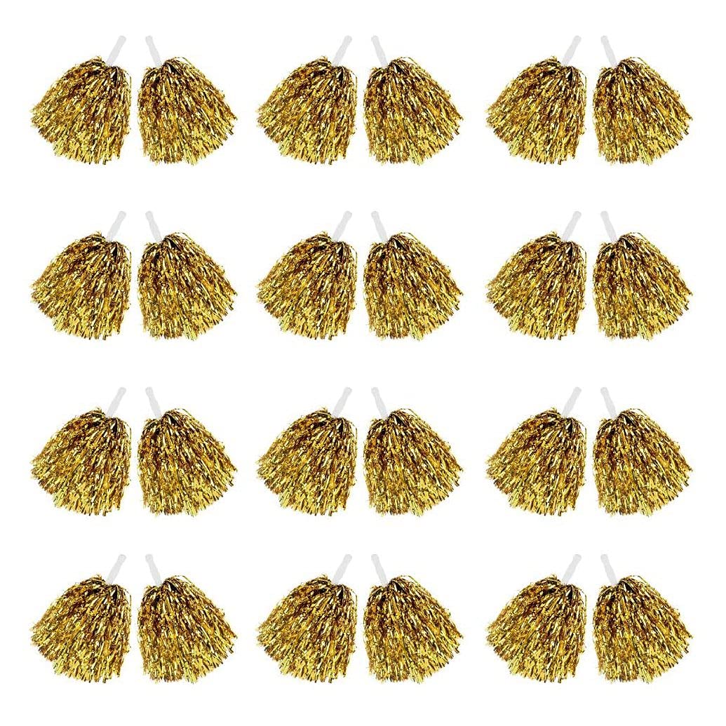Dcolor 24Pcs Cheerleading Pom Poms Metallic Foil Cheer Pom Poms with Plastic Handle for Adults Kids Cheerleaders Party Yellow