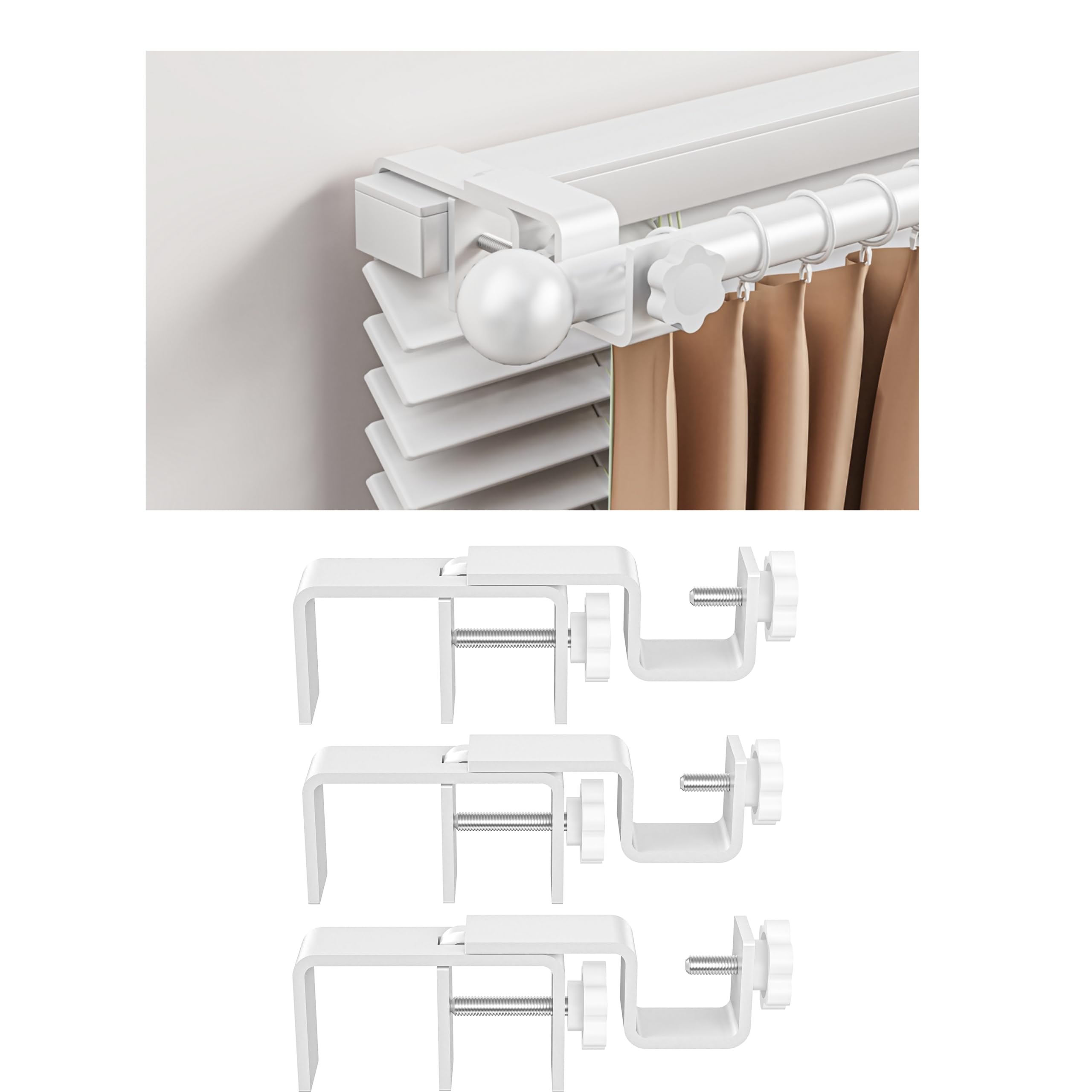 Over-Blinds Curtain Rod Brackets for Outside-Mounted Blinds, Blinds Curtain Rod Brackets for 1.3–2” Rectangular Headrails, Tool-Free No-Drill Installation for Apartments, Rentals Set of 3 (White)