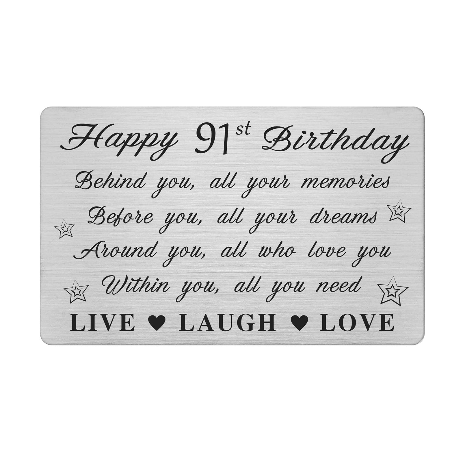FALOGI Happy 91st Birthday Card - Live Laugh Love - 91 Year Old Birthday Gifts for Men Women, Personalised Engraved Wallet Card