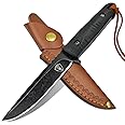 AUBEY Fixed Blade Hunting Knife, EDC Full Tang Knife with Leather Sheath for Men Women, D2 Blade Outdoor Survival Camping Knife, G10 Handle Black