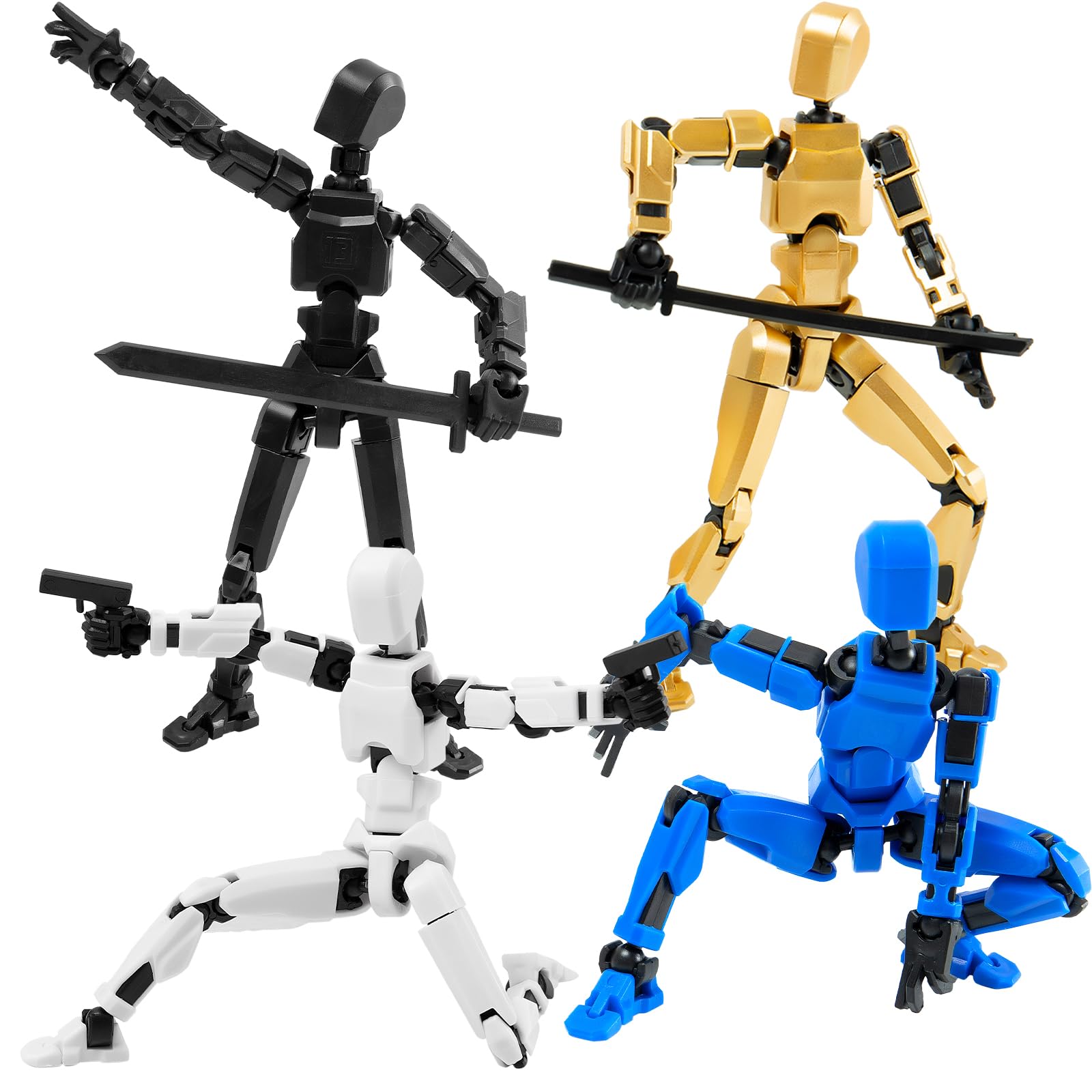 4Pack Assembled Titan T-13 Action Figures Set - Lucky Dummy Nova 13 Action Figure Robot Anime Stick Figures Fidget Toys for Boys Multi Movable Joints Gifts Toys for Kids (Golden+White+Blue+Red)