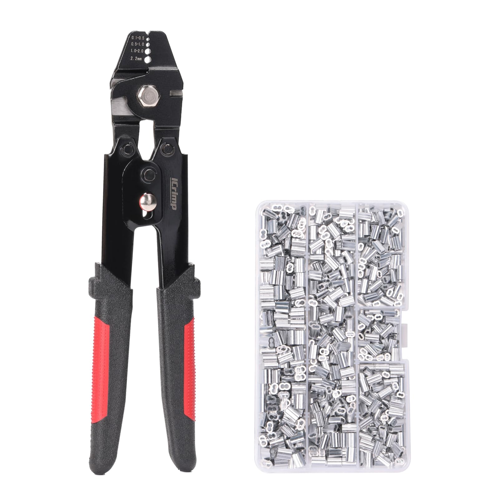 iCrimp Wire Rope Crimping Tool Kit, Swager Crimper with 600pcs Aluminum Crimp Loop Sleeves, Compatible with 1.2/1.5/2 mm Wire Rope for Fishing and Cable Applications