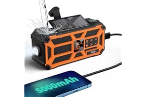 RADIODDITY [5000mAh Waterproof] Raddy SW5 Emergency Radio, IPX5 Rechargeable Battery Hand Crank Solar Power Bank, with NOAA Weather Alert AM FM, Flashlight Compass for Power Outage Hurricane Outdoor