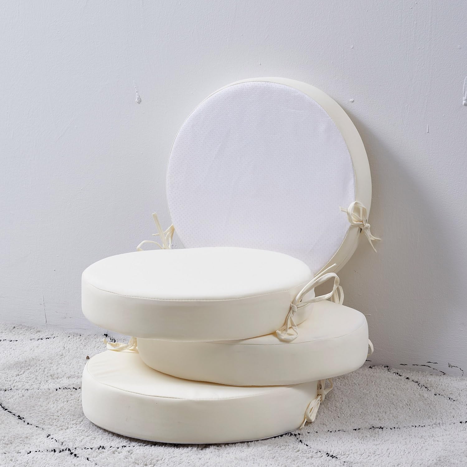 Photo 1 of 15 x 15 Inch Round Cushions for Outdoor Furniture Non-Slip Waterproof Patio Bistro Chair Cushion with Ties Bar Stool Seat Cushion for Kitchen Chairs Set of 4, Beige