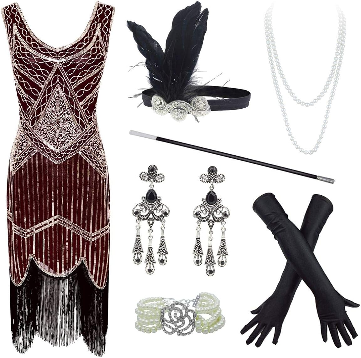 20s Flapper Gatsby Sequin Beaded Evening Cocktail Dress with Accessories Set
