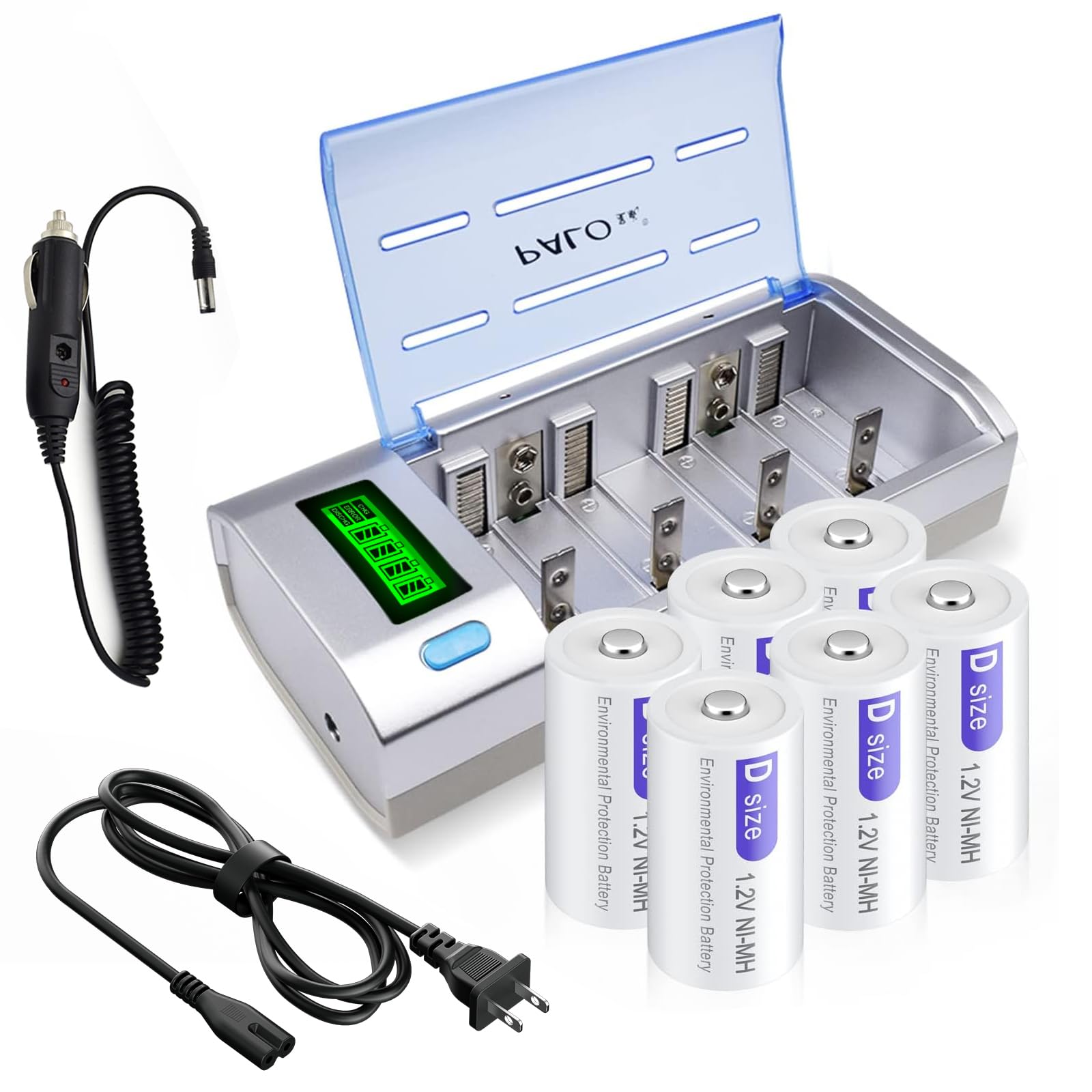 Photo 1 of 6 Packs D Rechargeble Batteries with Charger for C D 9V AA AAA Battery?Discharge Function?3 Batteries Box and Car Charger Cable