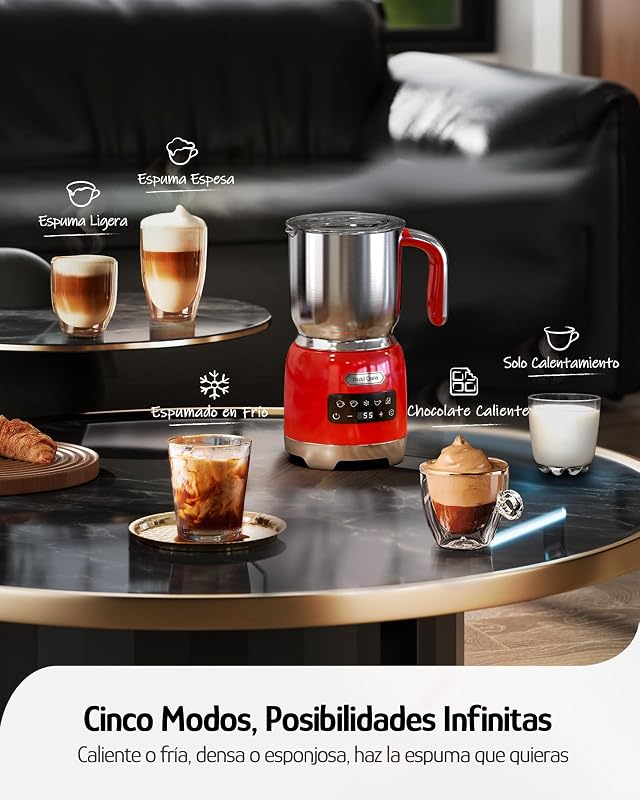 Espumador de Leche 5 en 1, Frío y Caliente, LED, 400 ml, Rubí — foto 3 de 8
