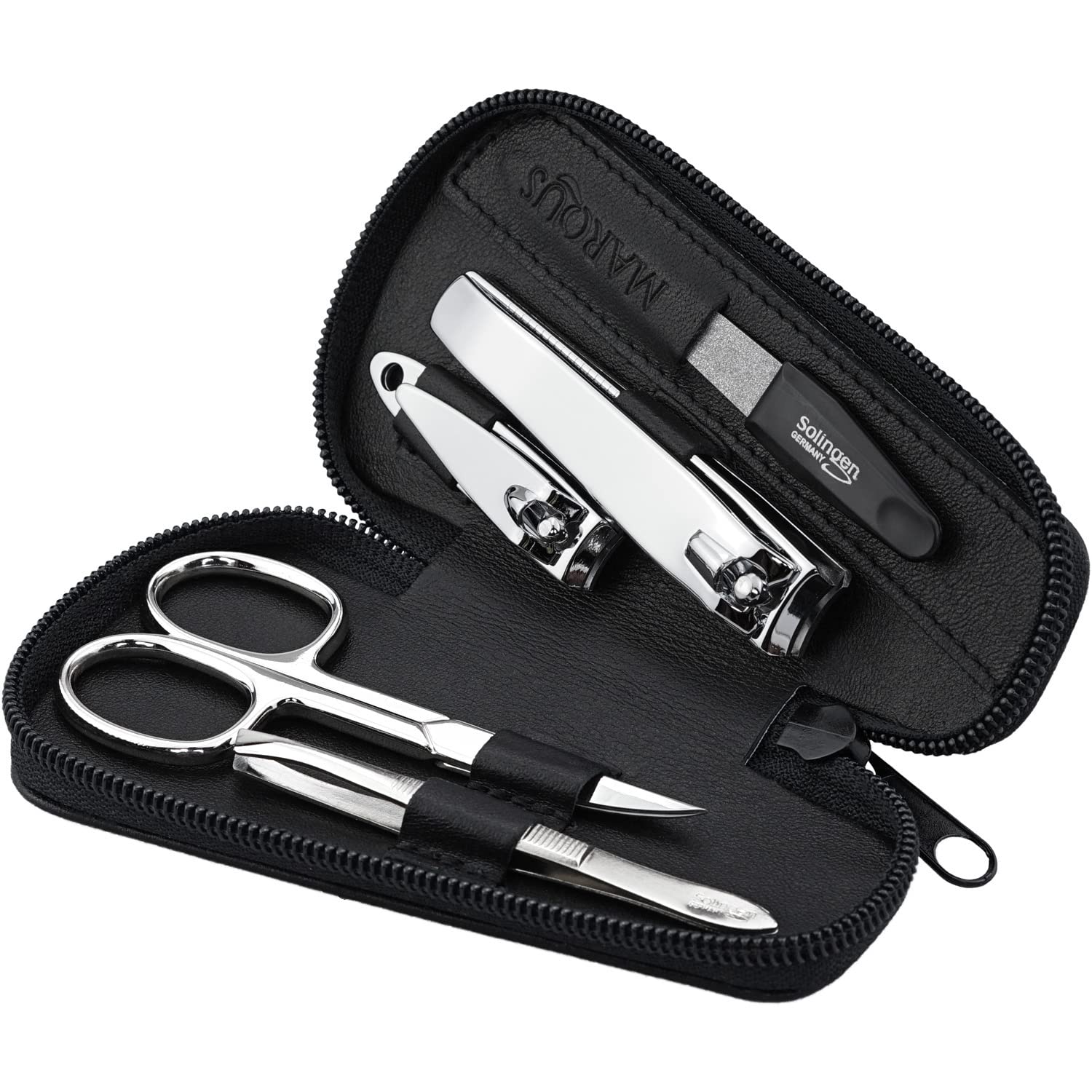 Marqus Manicure Set for Women and Men - 5-Pieces Grooming Kit - File and Tweezers from Solingen - Real Leather Case - Ideal for Travelling, black