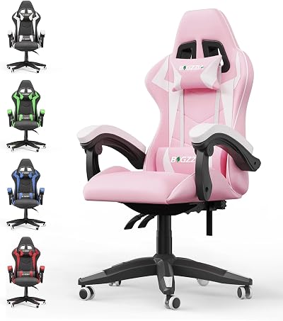 bigzzia Ergonomic Gaming Chair Pink with Lumbar + Headrest Cushion