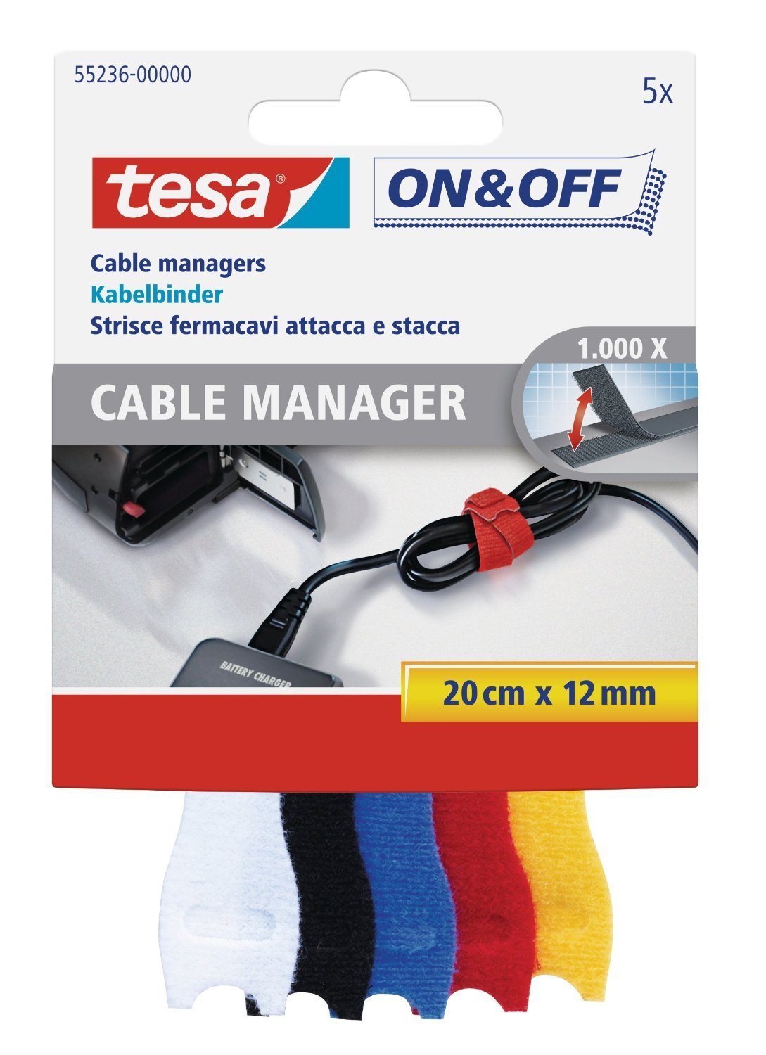 tesa 55236 On & Off Hook and Loop Cable Managers - Multi-Colour, 20cm x 12mm (Pack of 5)