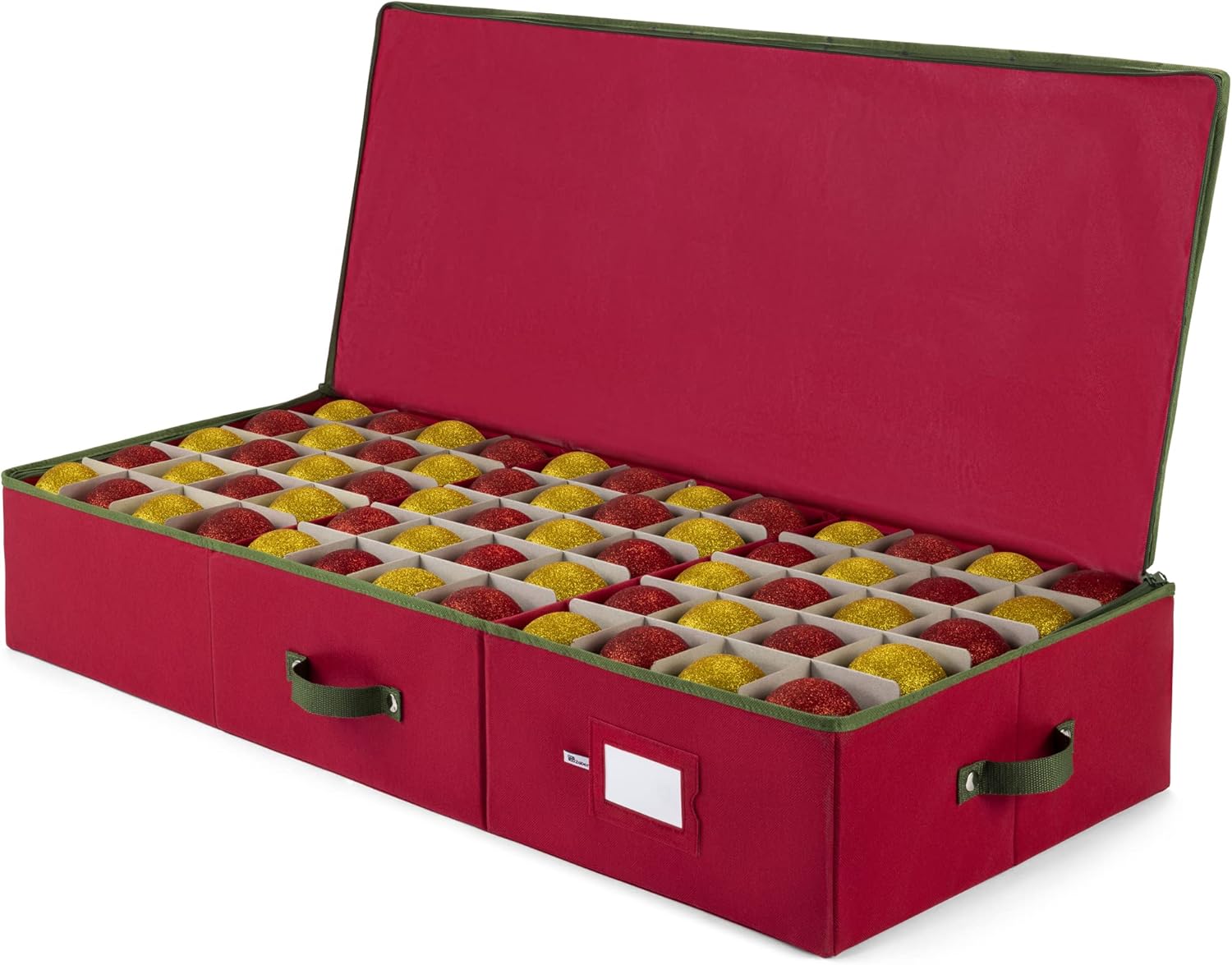 Holiday Décor Storage - Large Under-bed Christmas Ornament Storage Box Zippered Closure - Stores up to 120 of the 3-inch Standard Christmas Ornaments, and Xmas Holiday Accessories Storage Container with Dividers & 3 Handles.
