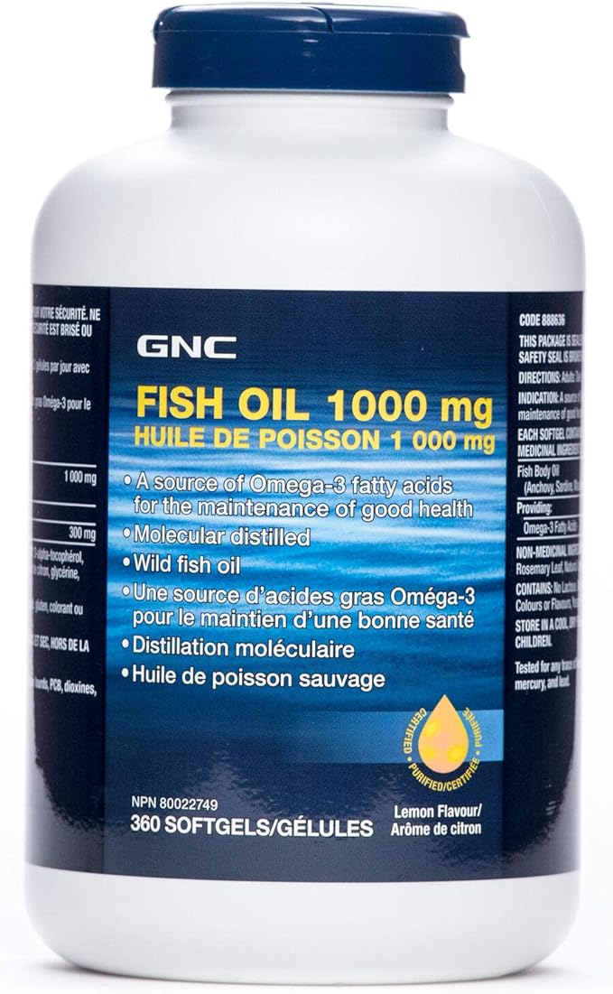 GNC Fish Body Oil 1000mg, 360 Lemon Flavor Softgels, Supports Heart