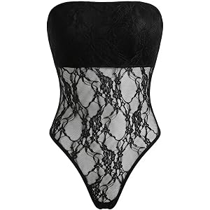 Floerns Women's Y2k Lace Bodysuit Strapless Tube Top One Piece Concert Going Out Body Suit