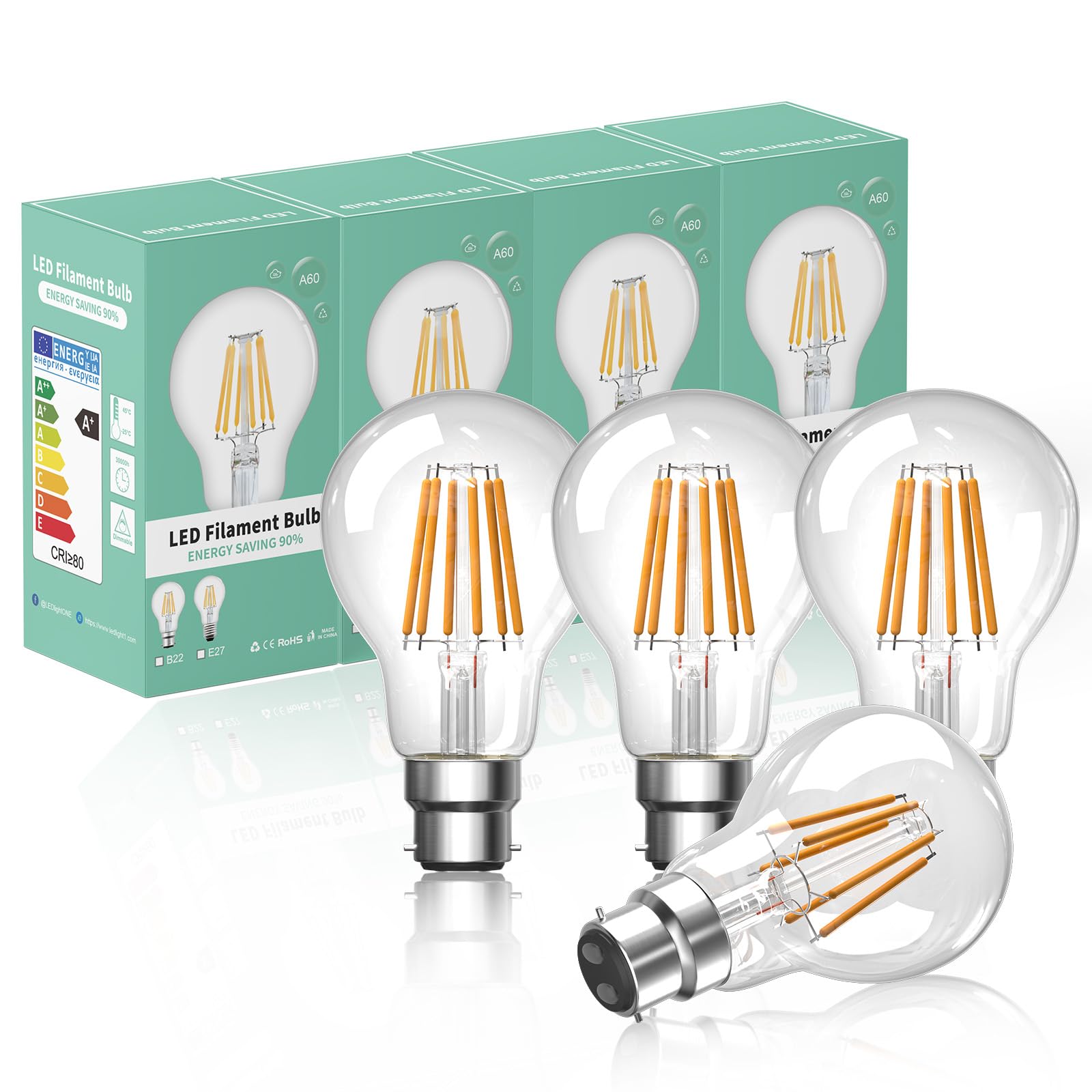 Bonlux 8W A60 Bayonet B22 Dimmable LED Light Bulb - Warm White 2700K BC GLS Filament Globe Classic Vintage Antique - 80W Halogen Equivalent 750lm Energy Saving Edison (4-Pack)