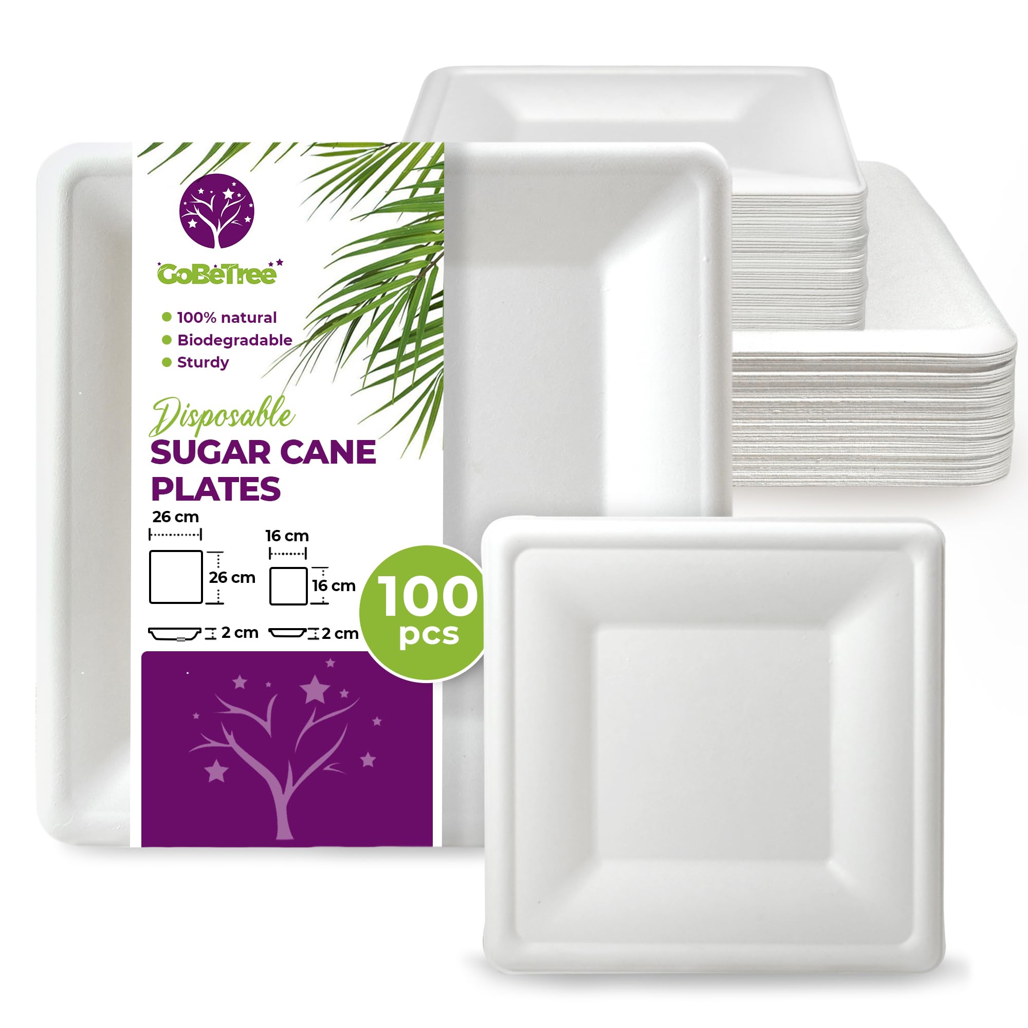 100 x Square Sugar Cane Disposable Plates 50 x 26cm Plates and 50 x 16cm Plates Extra Strong Disposable Plates for Camping, Picnics, Parties, BBQs.