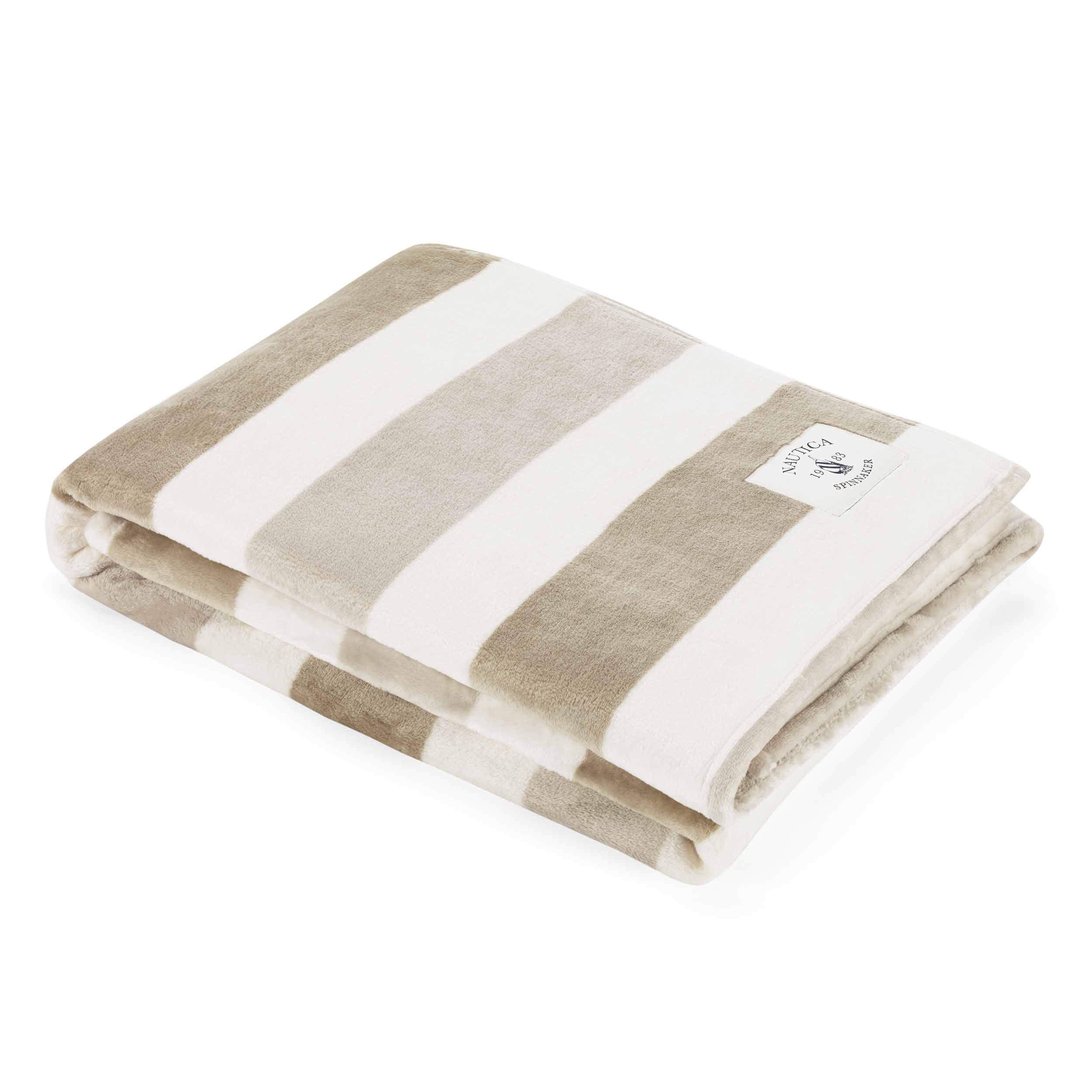 Nautica Blanket Super Soft & Cozy Fleece Bedding, Stylish Home Decor, Dorm Room Essentials, Throw, Awning Stripe Beige/White