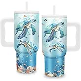 Sea Turtle Gifts - 24 oz Tumbler with Handle and Straw, Insulated Stainless Steel Cup, Leakproof, Blue Ocean Animal Lover Turtle Design Travel Mug for Women Fits Car Cup Holders, Keeps Drinks Cold/Hot