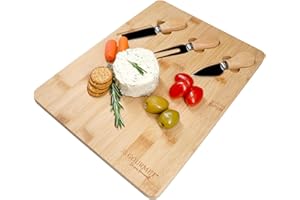 JS Gourmet Bamboo Cheese Board with 3 Cheese Knives, 13x10x0.6 inch Rectangular Charcuterie Board elevates Your Serving Exper