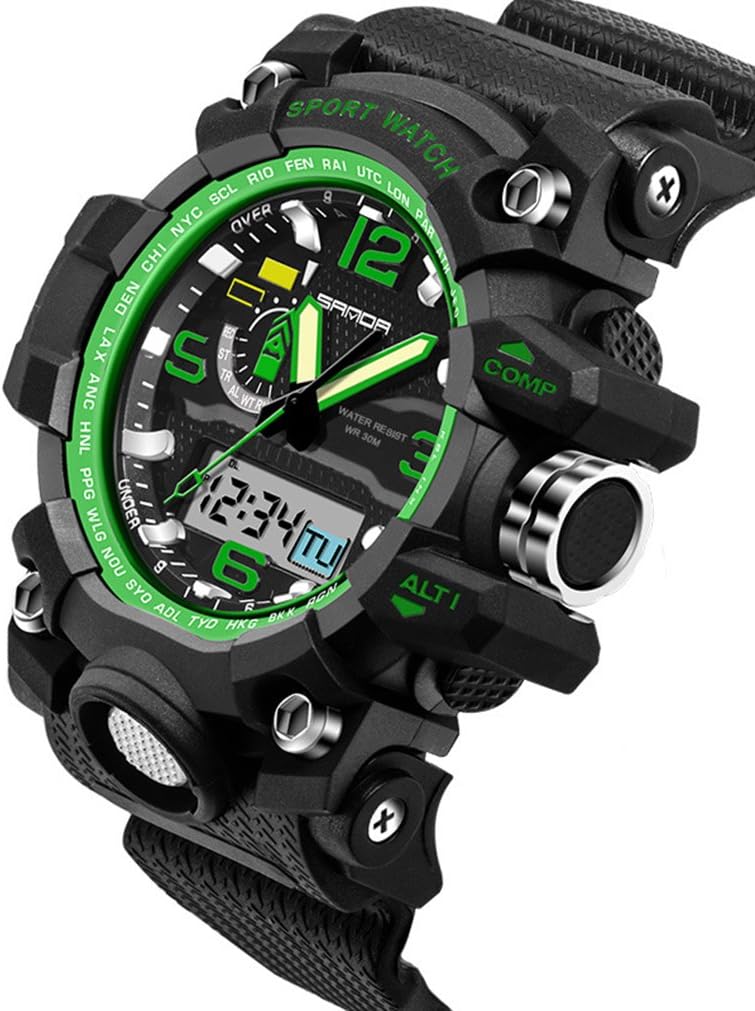 Boys Sport Watch Waterproof Multifunction Analog Digital Alarm LED Light Wristwatch Black+Green