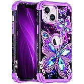Miqala Compatible with iPhone 13 Case & iPhone 14 Case,Glow in The Dark Three Layer Heavy Duty Shockproof Hard Plastic Bumper+Soft Silicone Protective Case for iPhone 13/14 6.1 inch,Amaranth Purple