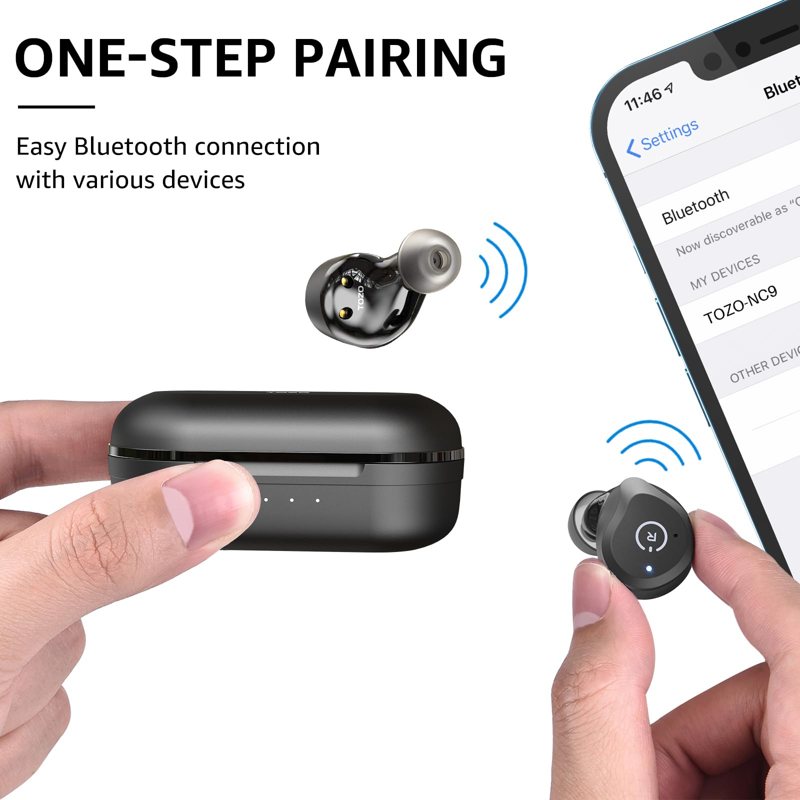 TOZO NC9 Hybrid Active Noise Cancelling Wireless Earbuds, in Ear Headphones IPX6 Waterproof Bluetooth 5.3 Stereo Earphones, Immersive Sound Premium Deep Bass Headset Matte Black. - Image 8