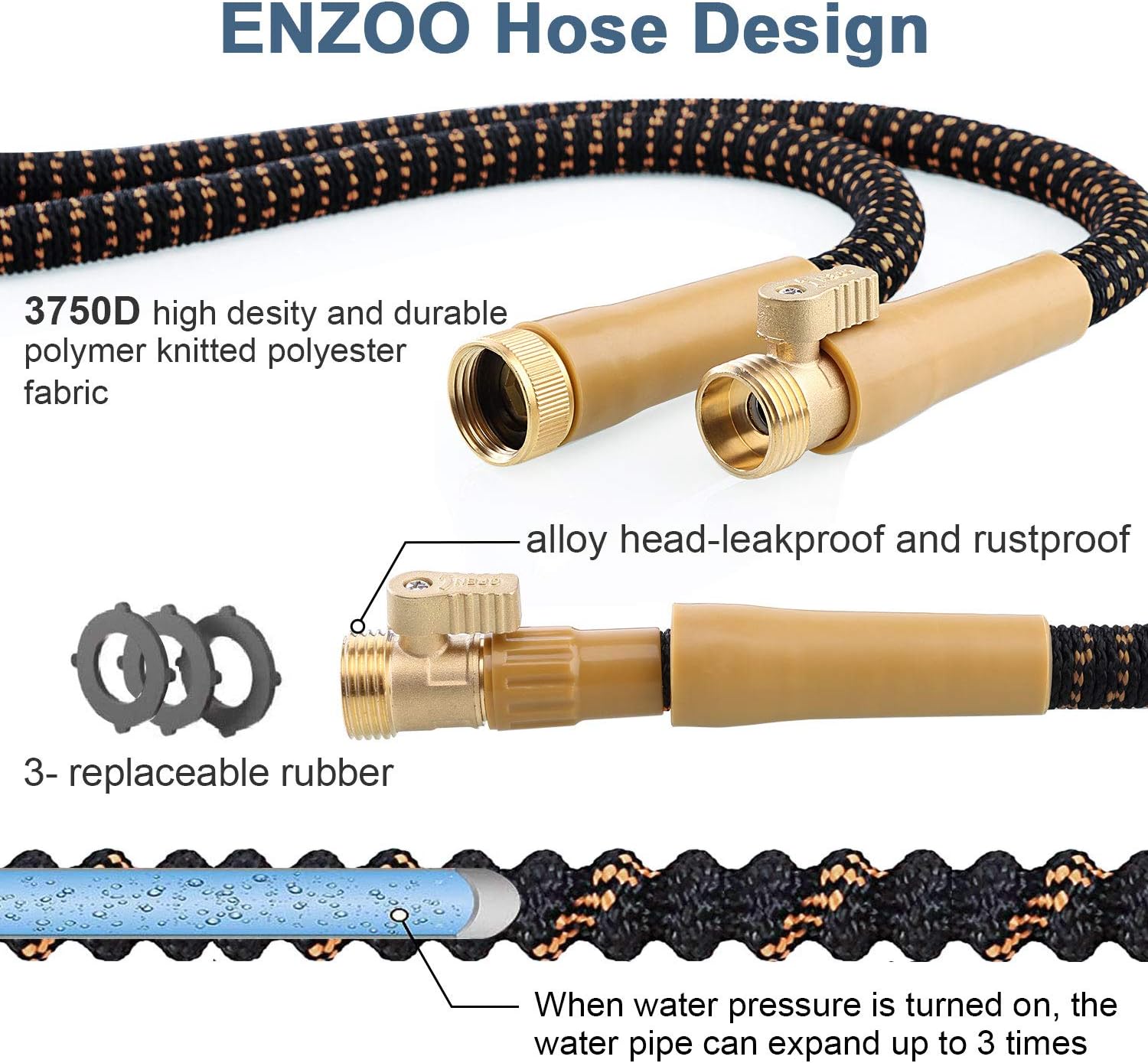 ENZOO Garden Hose Expandable- 4-Layers Latex/Superior Strength 3750D/3/4 Strong Brass Connectors/2-Way Pocket Flexible Splitter with 10 Function Zinc Spray Nozzle (50 Feet) : Garden & Outdoor