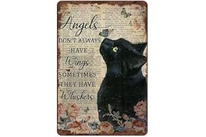 GRAMAN Angels Don't Always Have Wings Sometimes They Have Whiskers Tin Sign Vintage Floral Black Cat Cat Lovers Gift Vintage Plaque Metal Man Cave Bar Pub Club Home Wall Decoration 12x8 Inch