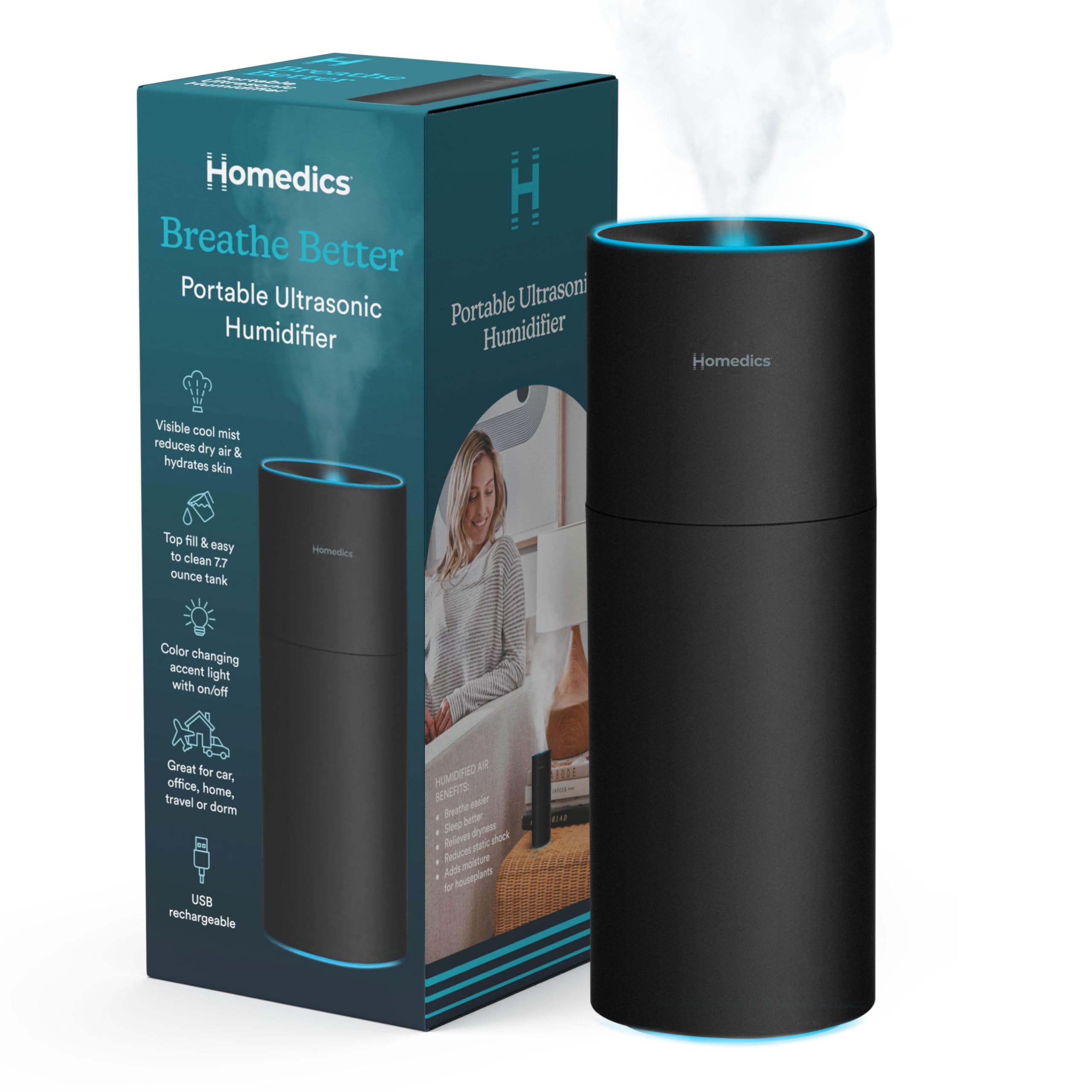 Photo 1 of Homedics Portable Humidifier - Small Air Humidifiers for Bedroom, Plants, Office, Travel - Cool Mist Humidifiers, Color-Changing Accent Light, 2 Mist Settings, Black