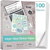 Koala Vinyl Sticker Paper for Inkjet Printer Matte 100 Sheets, Vivid Colors | Waterproof, Removable, Work with Cutting Machine, White, 8.5x11 Inch, for Crafts, Custom Stickers