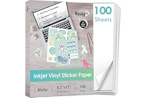 Koala Printable Vinyl Sticker Paper for Inkjet Printer - 100 Sheets Sticker Printer Paper Matte White, Waterproof Sticker Pap