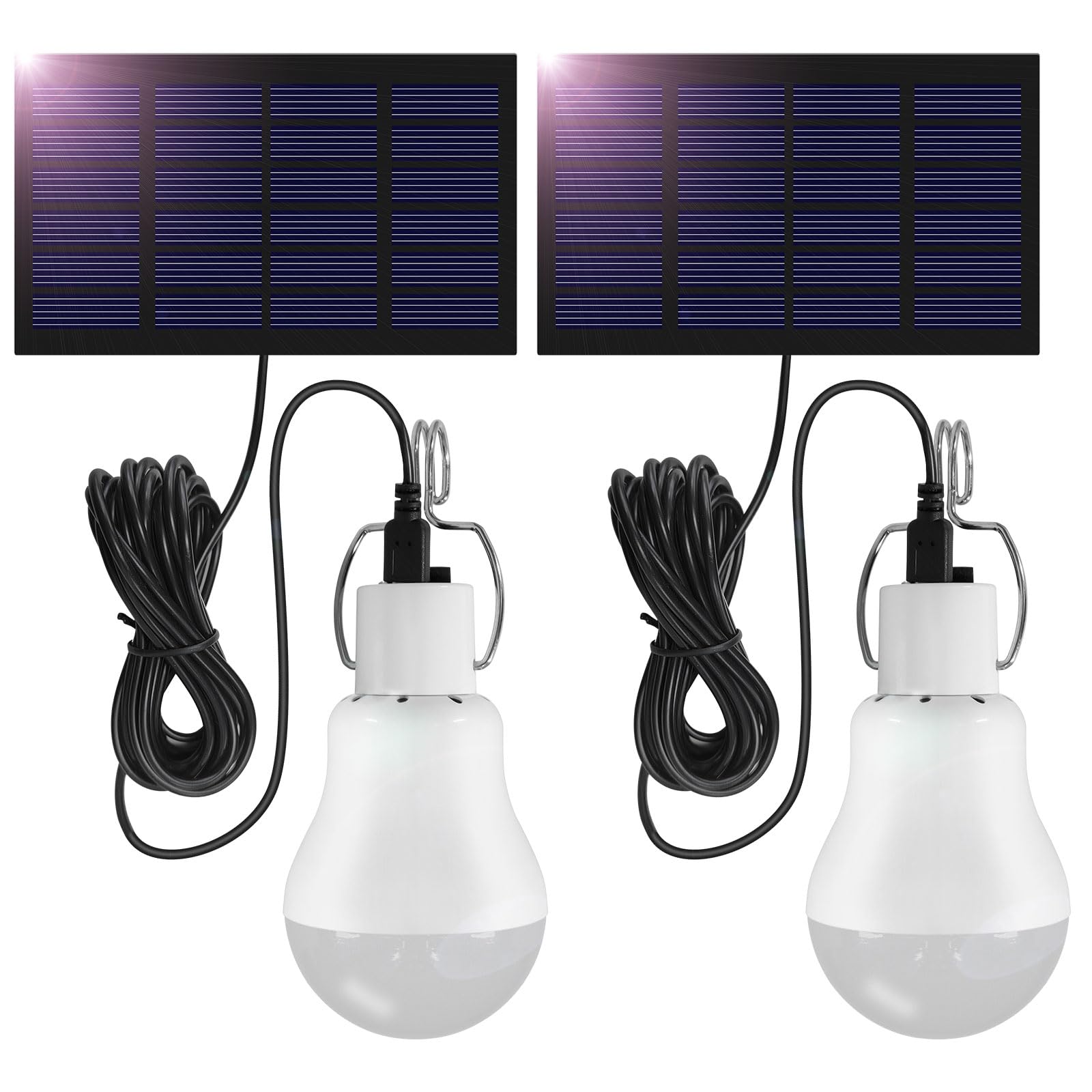 SCNNC 3W Solar Powered LED Shed Light Bulb with Cable 3.45M, USB Work Lights Portable Rechargeable Solar, LED Solar Shed Lights Indoor Outdoor for Camping Tent Fishing Garden Yard Hiking, Pack of 2